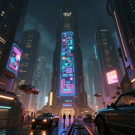 Cyberpunk Cityscape with Flying Vehicles
