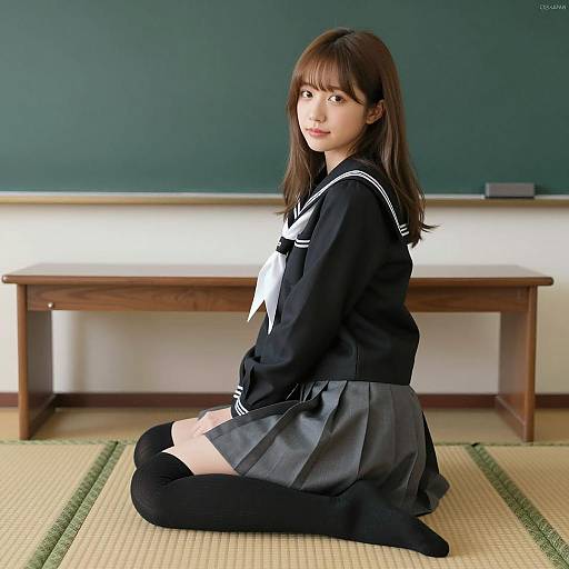 Asian Schoolgirl Sitting on Tatami Mat