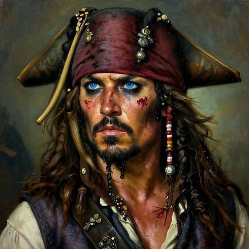 Digital painting of a gritty, intense Captain Jack Sparrow with blue eyes, bloody face, red bandana, pirate hat, and detailed jewelry.