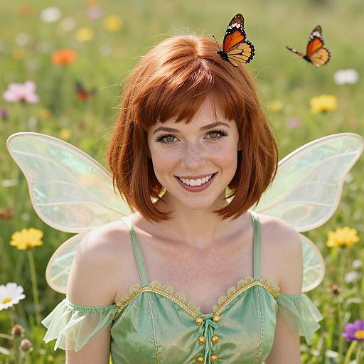 Photograph of a smiling red-haired girl with green fairy wings and orange-black butterflies on her head, wearing a green off-shoulder dress, in