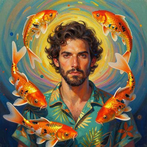 Digital painting of a bearded man with curly hair, wearing a green floral shirt, surrounded by six vibrant orange goldfish, against a swirling, colorful