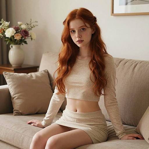 Photograph of a red-haired woman with long wavy hair, wearing a beige crop top and skirt, sitting on a beige couch in a softly lit