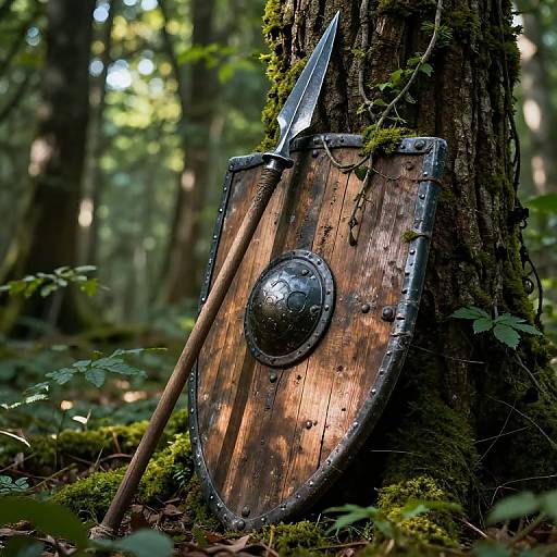 Medieval Spear and Shield in Forest