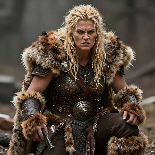 Photograph of a fierce blonde woman with long, wild hair, wearing fur and leather Viking armor, crouched in a forest.