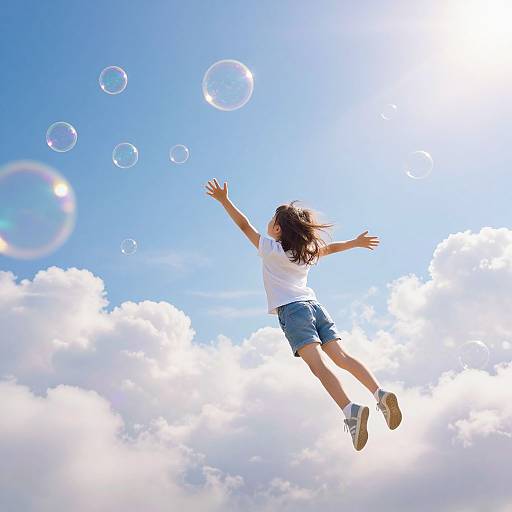 Photograph of a young girl with long brown hair, wearing a white t-shirt and denim shorts, joyfully jumping against a bright blue sky with fluffy