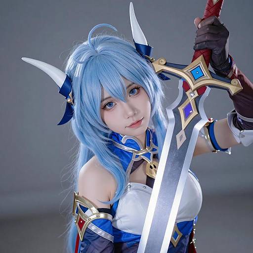 Cosplayer with Blue Hair and Glowing Sword