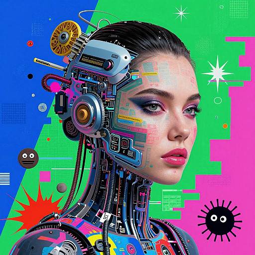 Digital artwork of a cybernetic woman with mechanical parts, vibrant colors (blue, green, pink), futuristic background, and neon accents.