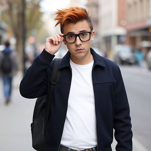 Photograph of a young man with orange-tipped, spiked hair, black-framed glasses, black jacket, white shirt, standing on a blurred city