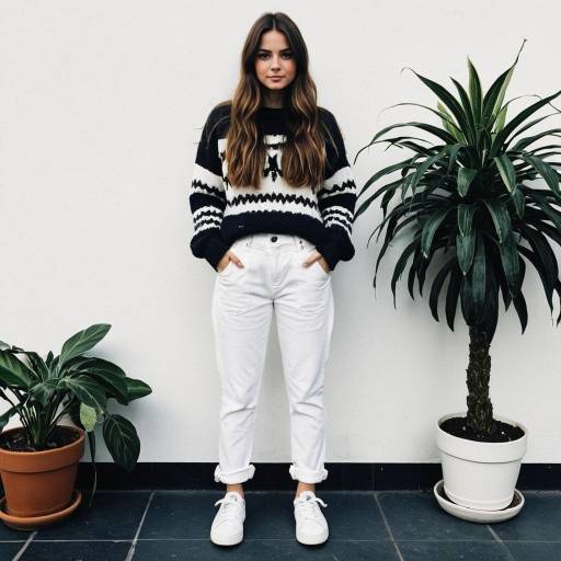 Young Woman in Sweater Standing Between Potted Plants