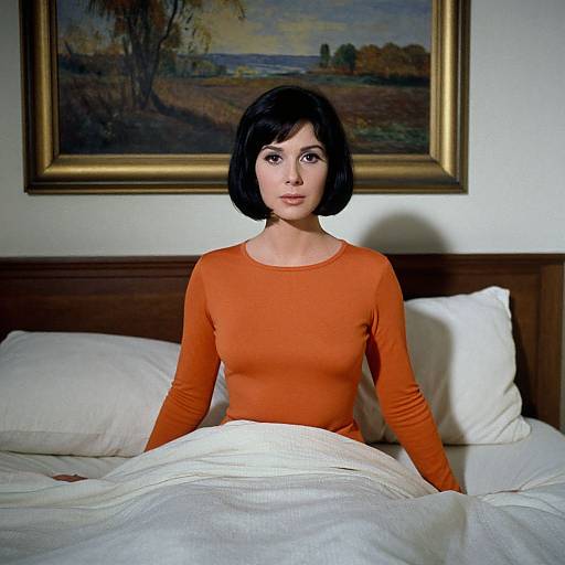 Photograph of a woman with short black hair in an orange long-sleeve top, sitting in bed with white sheets, framed landscape painting in the