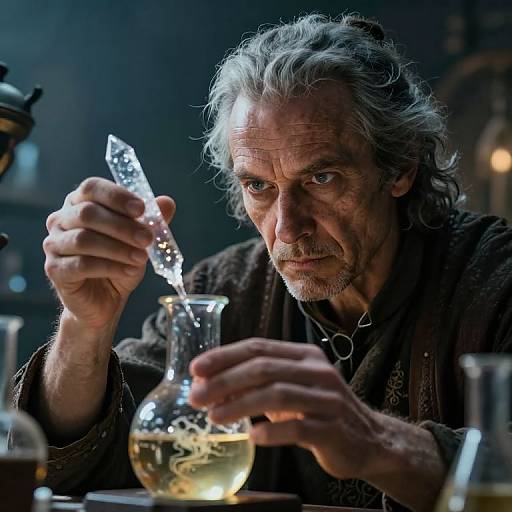 Photograph of an older man with gray hair, intense gaze, holding a clear, sparkling crystal over a glass flask containing liquid. Dimly lit laboratory