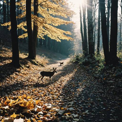 Deer and Rabbit in Autumn Forest Path