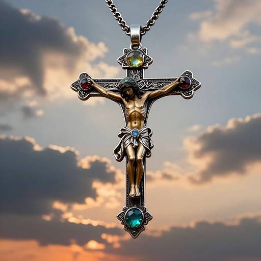 Ornate Crucifix Pendant with Gemstones at Sunset