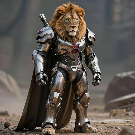 Photorealistic CGI of a fierce, armored lion-man with glowing green eyes, metallic suit, red gems, and dark cape, standing on rocky terrain
