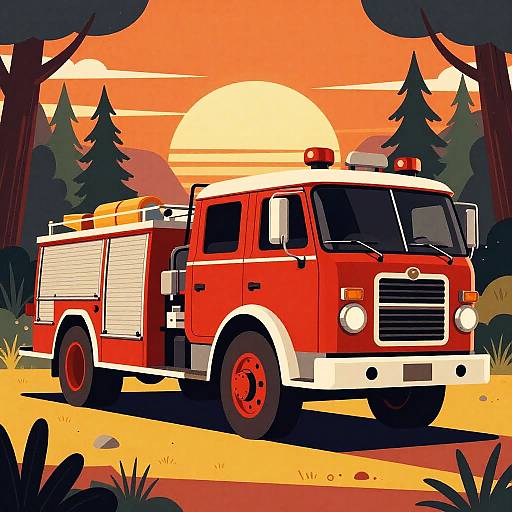Digital illustration of a red and white firetruck parked on a yellow, sunlit forest path with trees and a large orange sunset in the background.