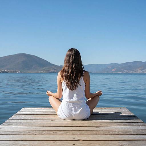 Photograph of a woman with long brown hair in a white sleeveless dress, sitting cross-legged on a wooden dock, facing a calm blue lake with