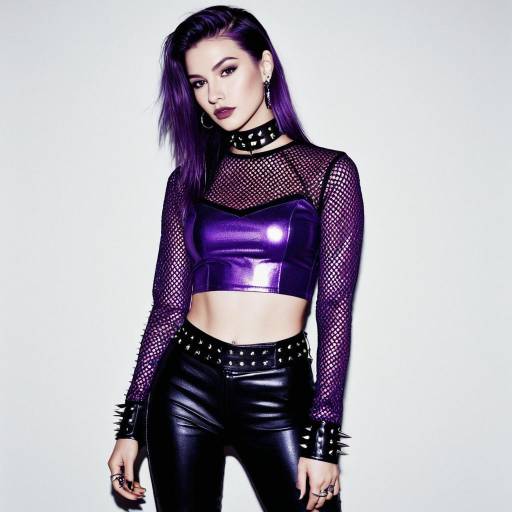 Woman in Glam Rock Purple Mesh Crop Top and Leather Pants