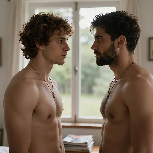 Intense Gaze Between Two Shirtless Men
