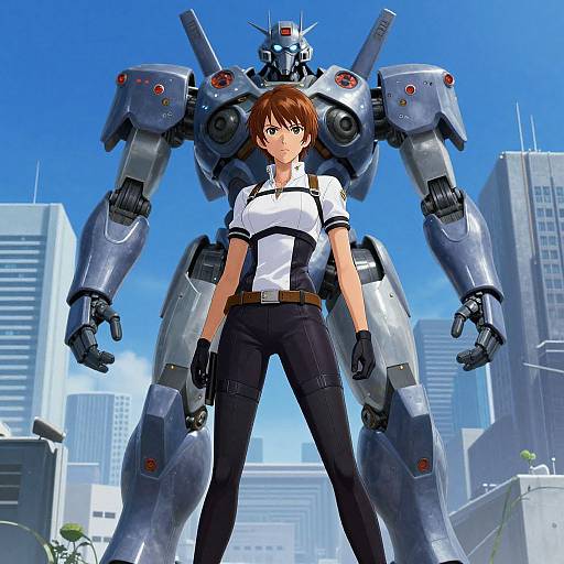 Digital anime-style artwork: Brown-haired woman in white shirt and black pants stands confidently in front of a large, silver robot against a bright blue sky with