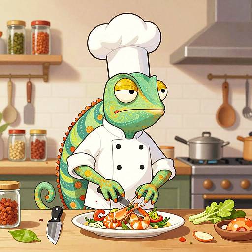 Cartoon Chameleon Chef in Kitchen