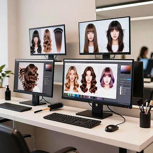 Photograph of a modern workspace with four monitors displaying portraits of women with long hair, black keyboards, a black mouse, and a hairbrush on a