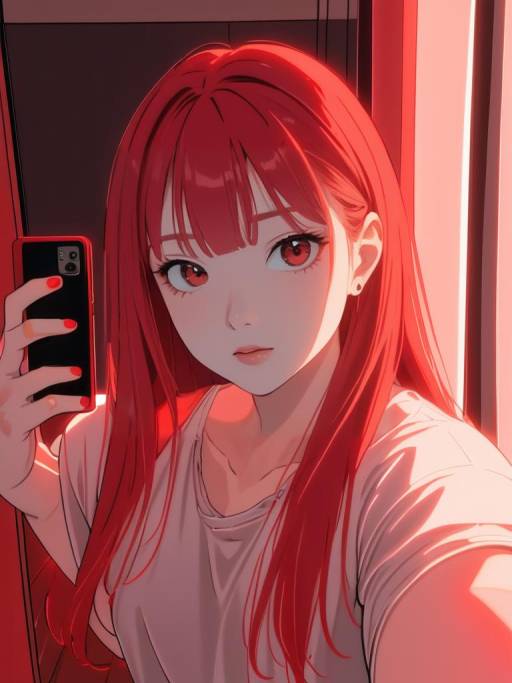 Anime Woman with Red Hair Taking Selfie