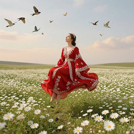 Ethereal Woman Floating Amidst Daisies
