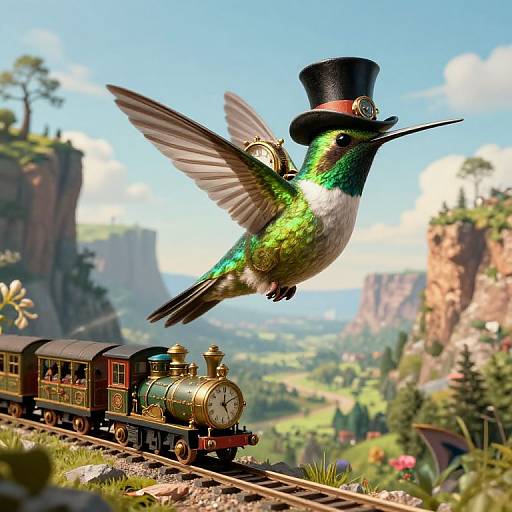 Photorealistic digital art of a green hummingbird wearing a black top hat, flying above a vintage steam train on scenic, rocky tracks with lush mountains