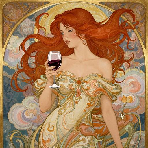Art Nouveau Woman with Red Wine