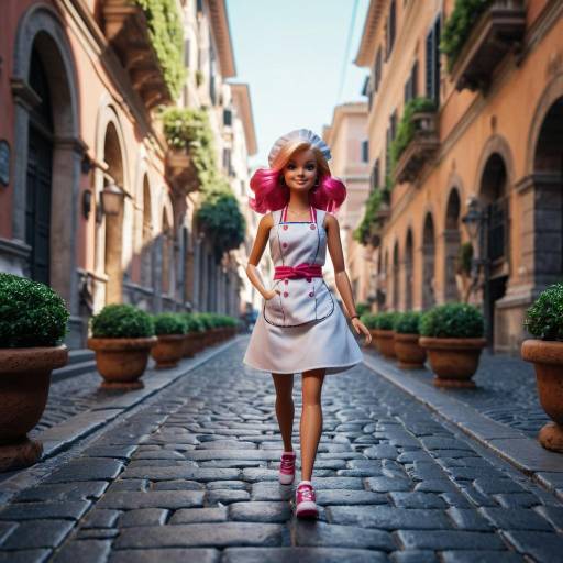 Fashion doll chef walking on cobblestone street