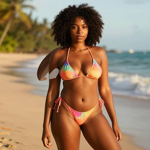 Photograph of a curvy, dark-skinned woman with curly hair wearing a colorful, tri-tone bikini on a sunny beach with palm trees and ocean
