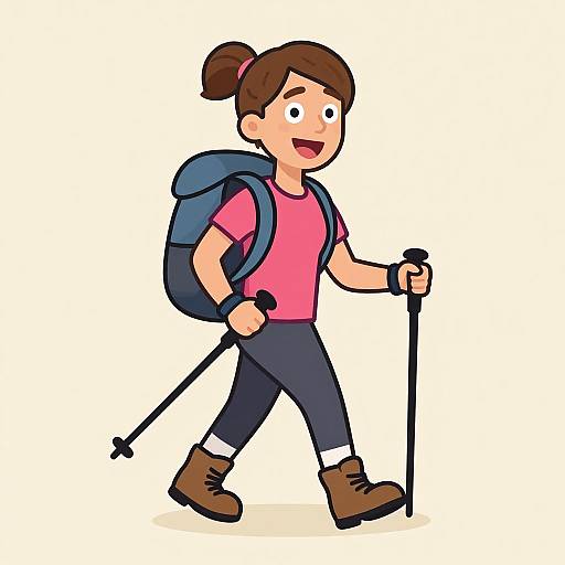 Cartoon illustration of a smiling, brown-haired woman with a ponytail, pink shirt, dark pants, brown boots, backpack, and hiking poles,