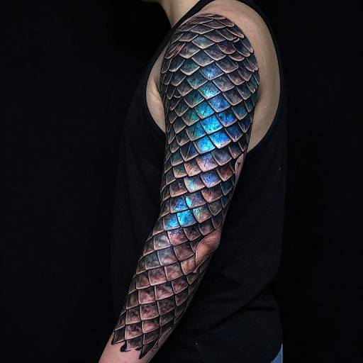Photograph of a person's arm with a detailed, shimmering dragon-scale tattoo in black and blue, set against a dark background.