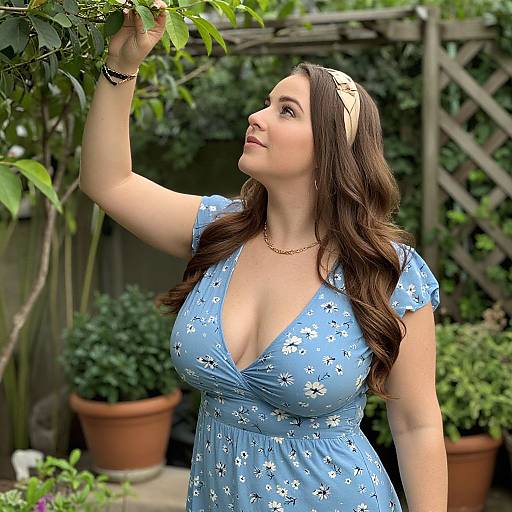 Photograph of a smiling, fair-skinned woman with long brown hair and large breasts, wearing a blue floral dress, gold headband, and necklace