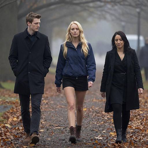 Foggy Leaf-Strewn Park: Three Walkers