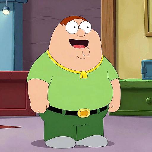 Cartoon image of a chubby, bald man with round glasses, green shirt, yellow collar, green pants, black belt, and white socks, smiling