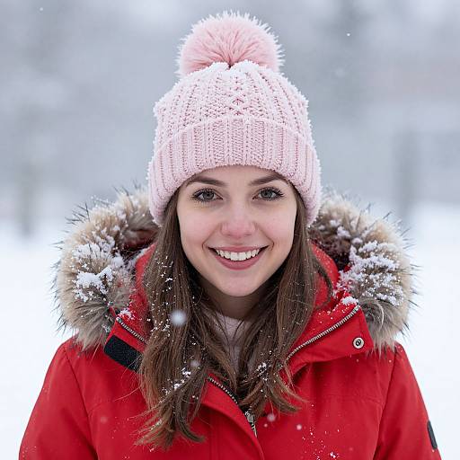 Photograph of a smiling young woman with fair skin, brown eyes, and long brown hair, wearing a pink knit hat, red coat with fur-tr