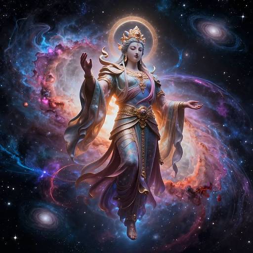 Digital artwork of a celestial goddess with glowing halo, wearing ornate armor and flowing robes, surrounded by vibrant cosmic nebulas.