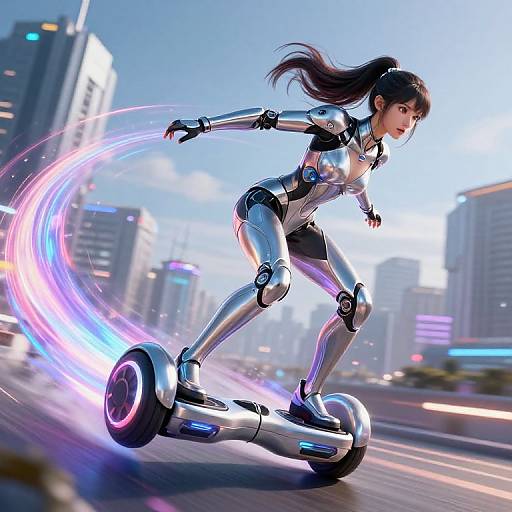 CGI image of a futuristic, silver, robotic woman with long black hair riding a hoverboard, emitting neon blue and pink trails in a bustling,