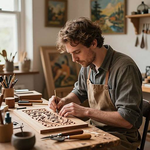 Photograph of a bearded, curly-haired man in a denim shirt and brown apron, meticulously carving intricate patterns on a wooden surface in a well
