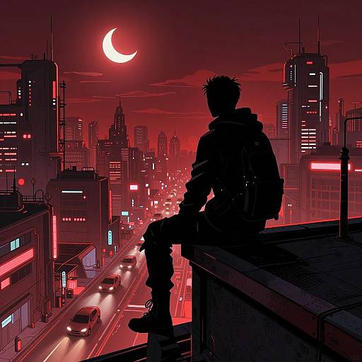 Cyberpunk Man on Rooftop Silhouette