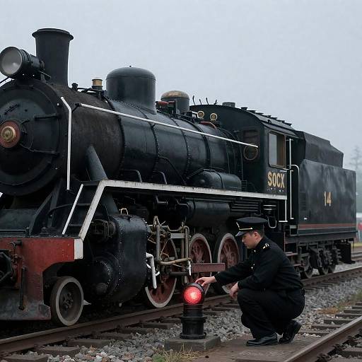 Engineer Adjusting Signal by Steam Locomotive