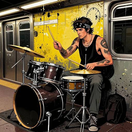 Tattooed, black-haired musician in sleeveless shirt and headband, playing drum set in graffiti-splattered subway station, holding drumsticks