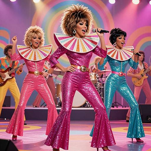 Photograph of three 1980s-style female singers in glittery pink and turquoise jumpsuits with large, colorful fan collars, performing on stage