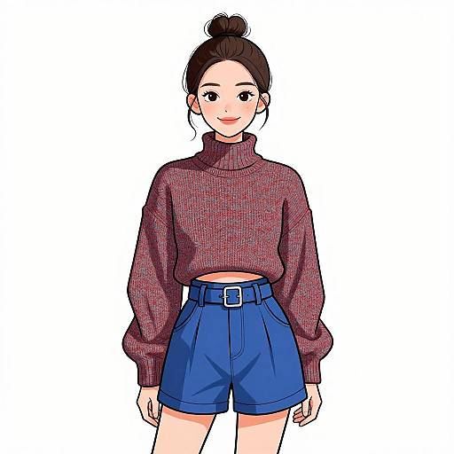 Digital anime-style drawing of a smiling woman with fair skin, dark hair in a bun, wearing a maroon turtleneck sweater and high-wa