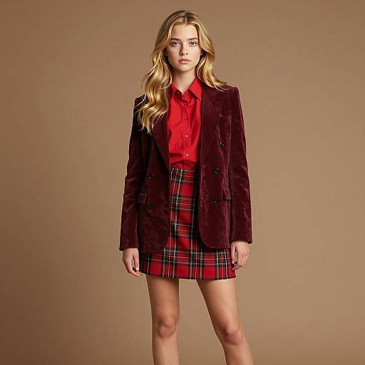 Young Woman in Red Plaid Skirt and Maroon Blazer