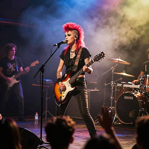 Photograph of a red mohawked, black-clad guitarist with tattoos, singing passionately on stage with a foggy, colorful light background. Drum