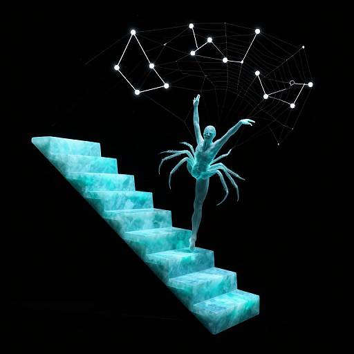 Digital artwork of a glowing, blue, spider-woman ballet dancer on illuminated steps, with a constellation web above her head.