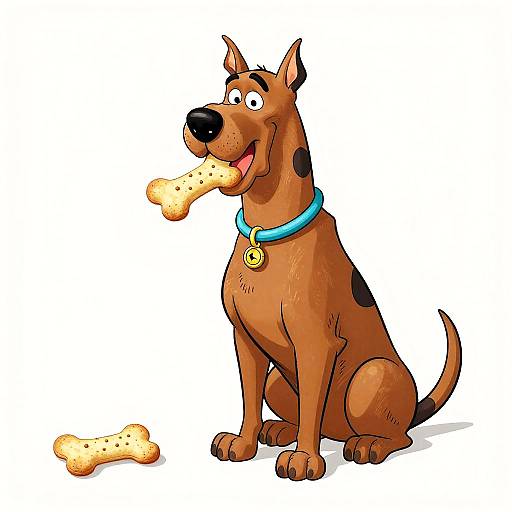 Cartoon-style drawing of a brown dog with black spots, blue collar, and gold tag, holding a bone in its mouth, with another bone on