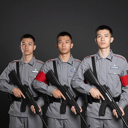 Three Soldiers in Uniforms with Rifles